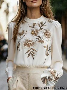 SHEIN Women's Elegant Romantic Printed Stand Collar Long Sleeve Blouse, Spring/Autumn Wedding Party Date White And Gold - Multicolor - View 9