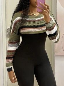 StreetHx Sweater Lengan Panjang Pendek Berlubang dengan Desain Blok Warna untuk Wanita, Cocok untuk Liburan, dan Busana Gaya Afro. - Hijau Tentara - View 3