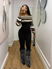 StreetHx Sweater Lengan Panjang Pendek Berlubang dengan Desain Blok Warna untuk Wanita, Cocok untuk Liburan, dan Busana Gaya Afro. - Hijau Tentara - View 4
