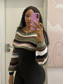 StreetHx Sweater Lengan Panjang Pendek Berlubang dengan Desain Blok Warna untuk Wanita, Cocok untuk Liburan, dan Busana Gaya Afro. - Hijau Tentara - View 5