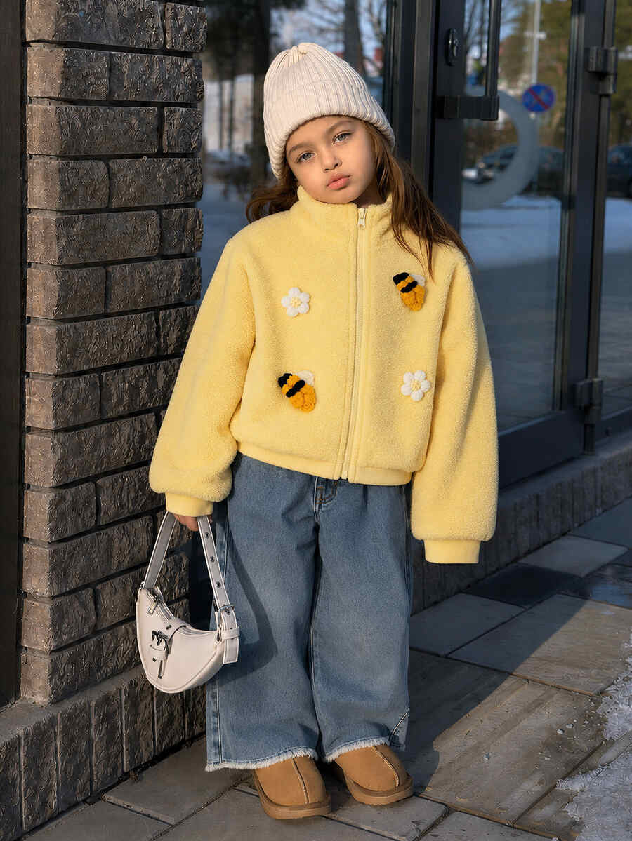 SHEIN Elladie kids 女童甜美可愛 3D 蜜蜂與花朵毛絨拉鍊夾克外套,適合日常休閒穿著,春/秋/冬 - 黃色 - 查看 1