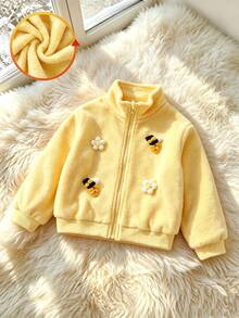 SHEIN Elladie kids 女童甜美可愛 3D 蜜蜂與花朵毛絨拉鍊夾克外套，適合日常休閒穿著，春/秋/冬 - 黃色 - 查看 4