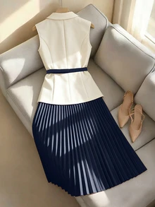 Franclia 女士春夏法式优雅翻领无袖收腰西装外套搭配高腰百褶中长裙两件套，适合职场穿着 - 藏蓝色 - 查看 2