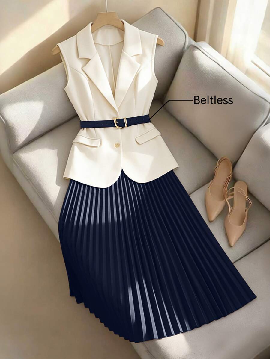 Franclia Women's Spring/Summer French Elegant Collared Sleeveless Cinched Waist Blazer And High-Waisted Pleated Midi Skirt 2-Piece Suit Set For Work - Navy Blue - View 1