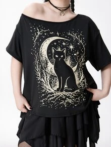 ROMWE Goth 大尺碼女款不對稱肩貓咪印花休閒日常穿著T恤 - 黑色 - 查看 3