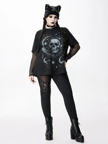 ROMWE Dark Gothic Skull Star Moon Print Mesh Patchwork Plus Size Women Loose T-Shirt - Black - View 7