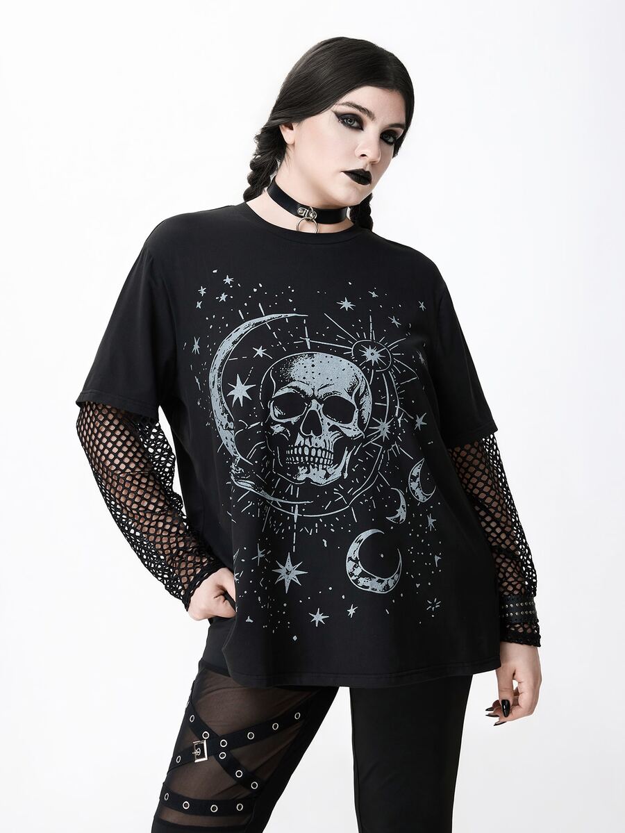 ROMWE Dark Gothic Skull Star Moon Print Mesh Patchwork Plus Size Women Loose T-Shirt - Black - View 1