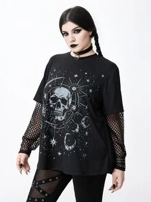 ROMWE Dark Gothic Skull Star Moon Print Mesh Patchwork Plus Size Women Loose T-Shirt - Black - View 5