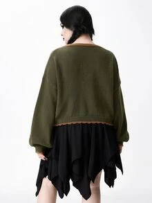 ROMWE Fairycore Plus Size Autumn/Winter Casual Colorblock Trim Floral Embroidered Cardigan - Army Green - View 2