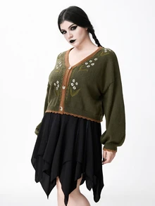 ROMWE Fairycore Plus Size Autumn/Winter Casual Colorblock Trim Floral Embroidered Cardigan - Army Green - View 4