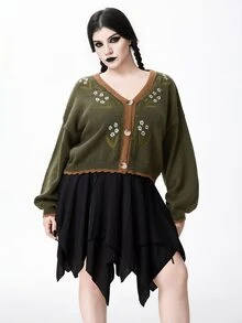 ROMWE Fairycore Plus Size Autumn/Winter Casual Colorblock Trim Floral Embroidered Cardigan - Army Green - View 3