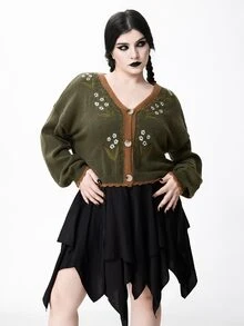 ROMWE Fairycore Plus Size Autumn/Winter Casual Colorblock Trim Floral Embroidered Cardigan - Army Green - View 1