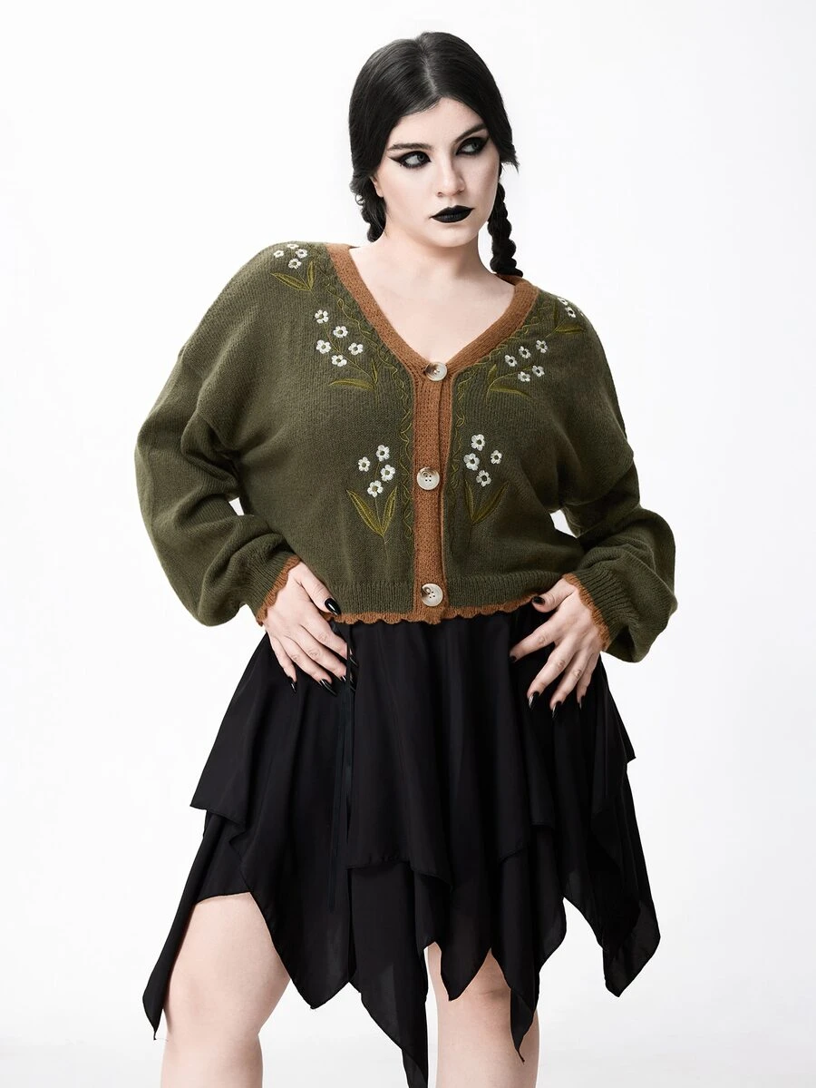 ROMWE Fairycore Plus Size Autumn/Winter Casual Colorblock Trim Floral Embroidered Cardigan - Army Green - View 1