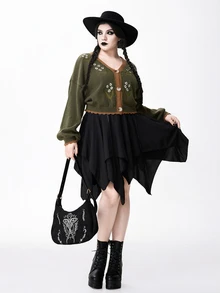 ROMWE Fairycore Plus Size Autumn/Winter Casual Colorblock Trim Floral Embroidered Cardigan - Army Green - View 7