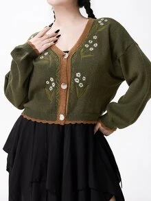ROMWE Fairycore Plus Size Autumn/Winter Casual Colorblock Trim Floral Embroidered Cardigan - Army Green - View 6