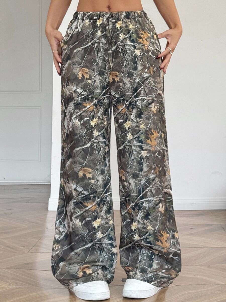 SHEIN 青少年女孩树叶和植物印花宽松休闲阔腿裤 - 軍綠色 - 查看 1