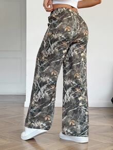 SHEIN 青少年女孩树叶和植物印花宽松休闲阔腿裤 - 軍綠色 - 查看 2