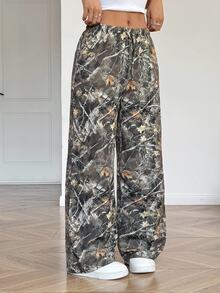 SHEIN 青少年女孩树叶和植物印花宽松休闲阔腿裤 - 軍綠色 - 查看 3