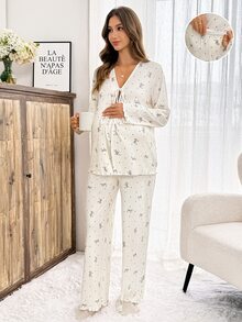 Slowluna Maternity V-Neck All-Over Print Long Sleeve Top And Adjustable Waist Long Pants Casual Daily Nursing 2 Pieces Set Fall - Apricot - View 6