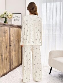 Slowluna Maternity V-Neck All-Over Print Long Sleeve Top And Adjustable Waist Long Pants Casual Daily Nursing 2 Pieces Set Fall - Apricot - View 7