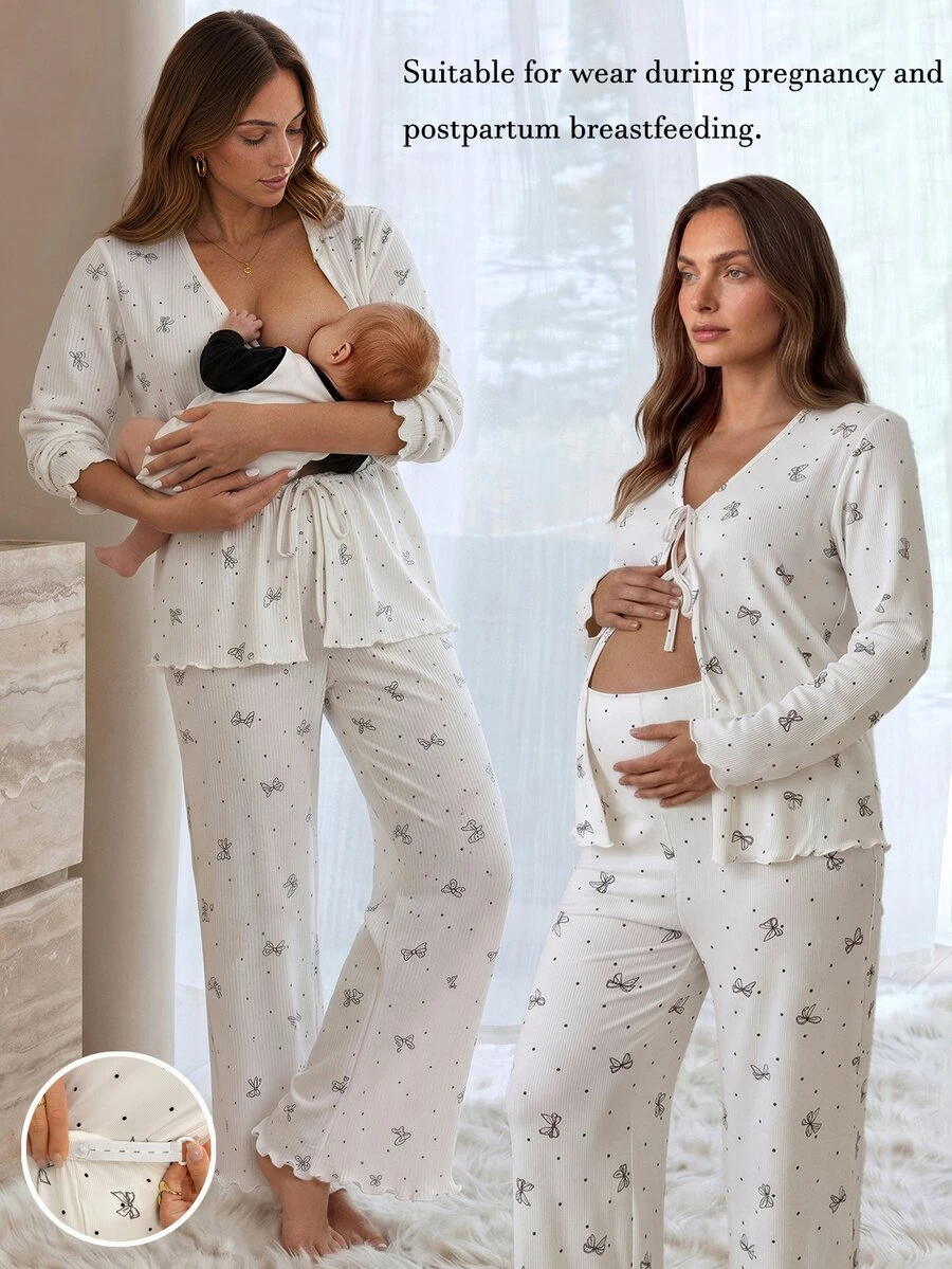 Slowluna Maternity V-Neck All-Over Print Long Sleeve Top And Adjustable Waist Long Pants Casual Daily Nursing 2 Pieces Set Fall - Apricot - View 1