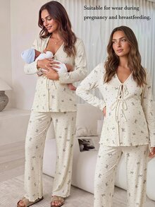 Slowluna Maternity V-Neck All-Over Print Long Sleeve Top And Adjustable Waist Long Pants Casual Daily Nursing 2 Pieces Set Fall - Apricot - View 2