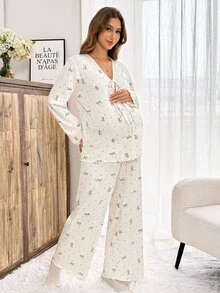 Slowluna Maternity V-Neck All-Over Print Long Sleeve Top And Adjustable Waist Long Pants Casual Daily Nursing 2 Pieces Set Fall - Apricot - View 5