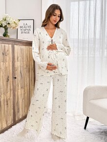 Slowluna Maternity V-Neck All-Over Print Long Sleeve Top And Adjustable Waist Long Pants Casual Daily Nursing 2 Pieces Set Fall - Apricot - View 4