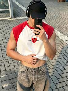 Resyla Men 夏季戶外男士背心，經典紅白對比愛心印花圖案，時尚百搭，涼爽舒適 - 彩色 - 查看 1