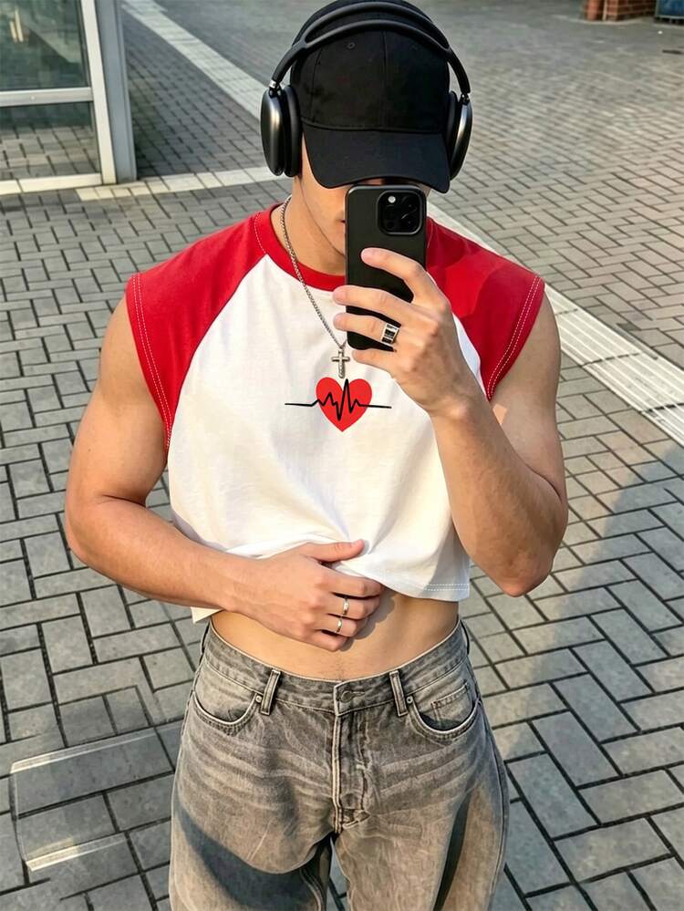 Resyla Men Summer Outdoor Top, Men's Tank Top, Classic Red & White Contrast Heart Print Pattern, Fashionable & Versatile, Cool & Comfortable For Summer - Multicolor - View 1
