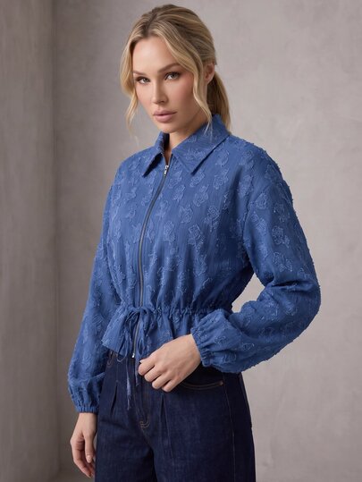 Rouah Camisa-chaqueta de mujer con jacquard, volantes y bajo de peplum, manga larga - Camisa-chaqueta de otoño, chaqueta de otoño, chaqueta de otoño, diseño de peplum, peplum de otoño