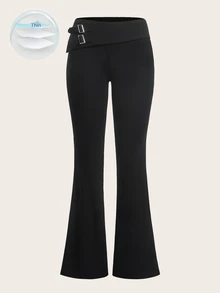 SHEIN ICON Pantalones con pierna campana y cintura asimétrica unicolor - Negro - Ver 3