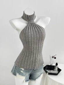 Elamini Women's Sexy Fashion Fitted Halter Neck Knit Top - Grey - View 3
