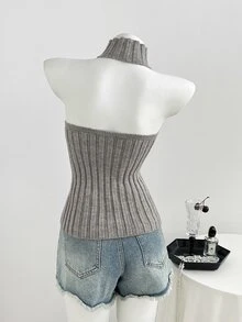 Elamini Women's Sexy Fashion Fitted Halter Neck Knit Top - Grey - View 2