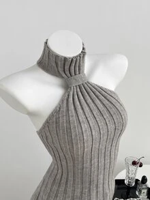 Elamini Women's Sexy Fashion Fitted Halter Neck Knit Top - Grey - View 1