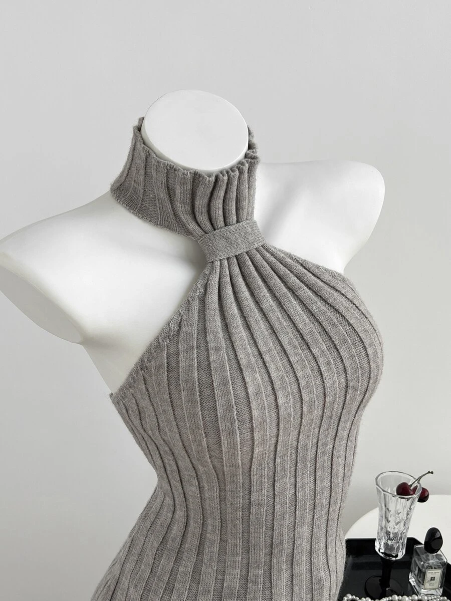 Elamini Women's Sexy Fashion Fitted Halter Neck Knit Top - Grey - View 1