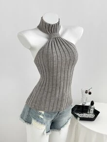 Elamini Women's Sexy Fashion Fitted Halter Neck Knit Top - Grey - View 5