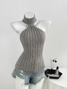 Elamini Women's Sexy Fashion Fitted Halter Neck Knit Top - Grey - View 4