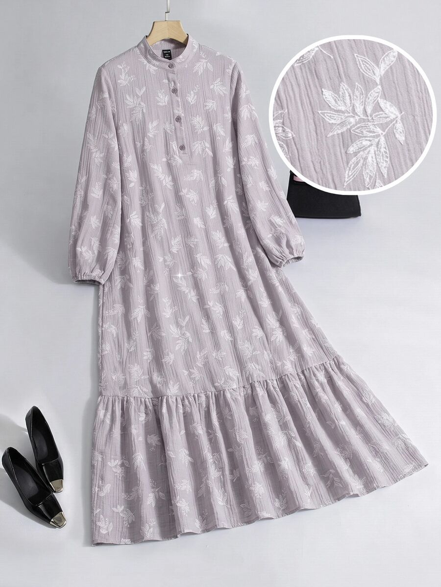 Al Najma 女款灰色滿版印花百褶 Filipiniana 禮服,端莊優雅,適合洗禮賓客、早晨正式場合、辦公室、家庭度假,阿拉伯風冬季長裙 - 彩色 - 查看 1