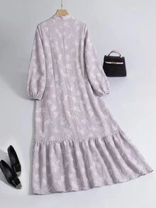 Al Najma 女款灰色滿版印花百褶 Filipiniana 禮服，端莊優雅，適合洗禮賓客、早晨正式場合、辦公室、家庭度假，阿拉伯風冬季長裙 - 彩色 - 查看 2