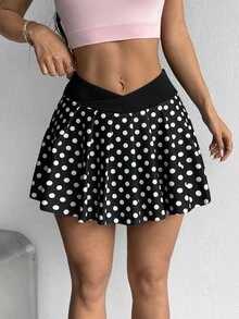 SHEIN Sports 波點黑色高腰女款運動短褲，附口袋與內襯設計 - 黑與白 - 查看 4