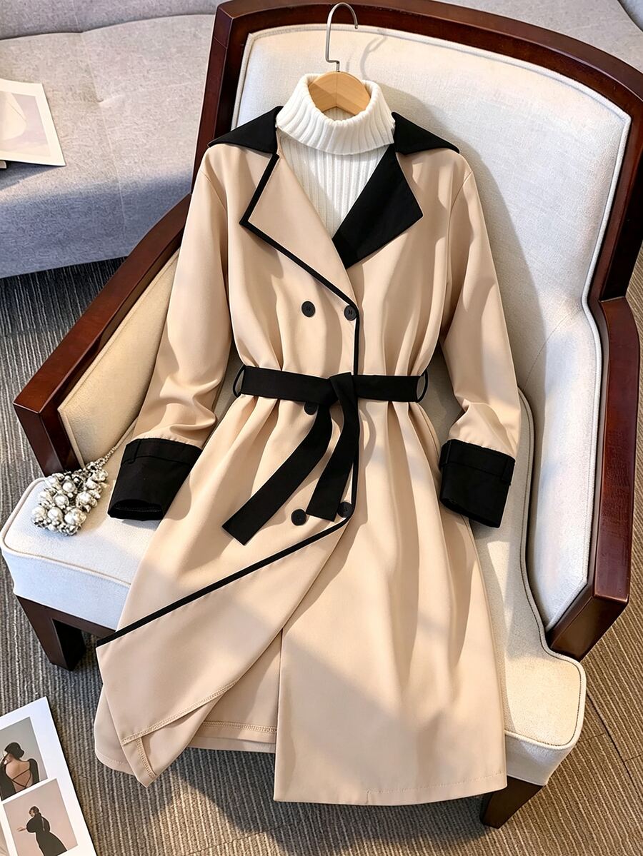 SHEIN 少女優雅百搭法式風雙排扣收腰傘擺風衣,街頭風,秋季 - 卡其色 - 查看 1