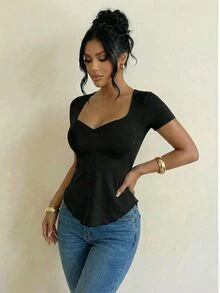Sirith Foxxy 纯色休闲不对称下摆设计女式长袖 T 恤 - 黑色 - 查看 4