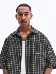SUMWON Men Black Checkered Short Sleeve Button Down Casual Shirt With Script Embroidery Classic Collar Spring Summer - Black - View 5