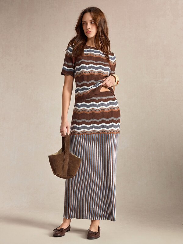 BizChic Brown Striped Women's Sweater Skirt With Elastic Waist, Slim Fit, Autumn French Elegant Vintage Elegant, Flattering, Versatile, Halloween, Back To School, Commute, Date, Daily, Vacation, Party, Birthday, Church, Special Occasion, Wedding Guest, Office, Minimalist