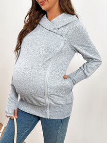 SHEIN Maternity Solid Color Long Sleeve Zipper Front Casual Simple Normal Hooded 3-In-1 Jacket Autumn Cream - Grey - View 7