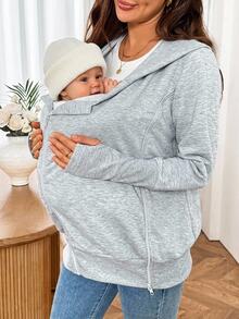 SHEIN Maternity Solid Color Long Sleeve Zipper Front Casual Simple Normal Hooded 3-In-1 Jacket Autumn Cream - Grey - View 2
