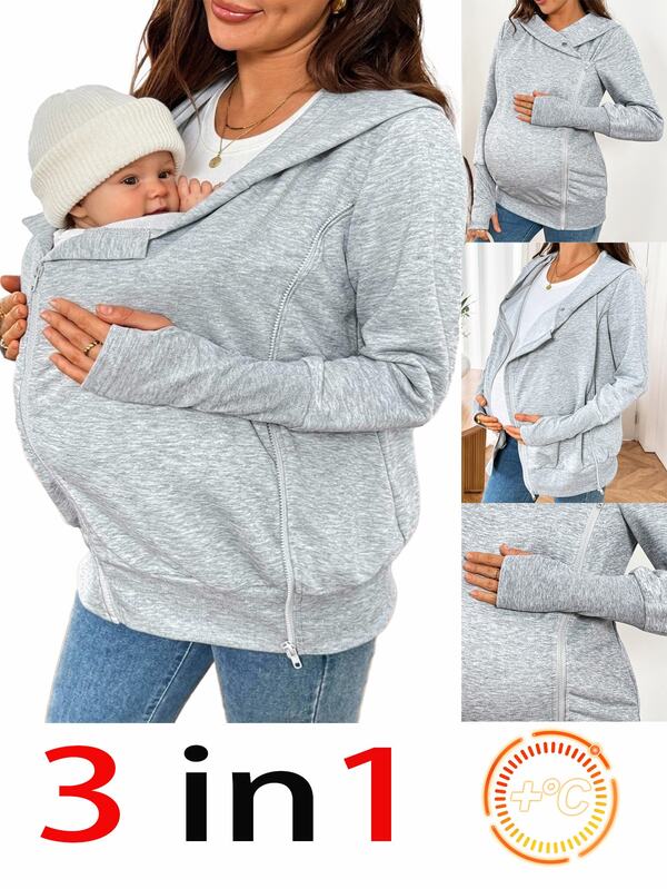 SHEIN Chaqueta de maternidad de unicolor con manga larga, cremallera delantera, casual, simple, normal, con capucha 3 en 1 para otoño