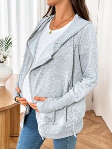 SHEIN Maternity Solid Color Long Sleeve Zipper Front Casual Simple Normal Hooded 3-In-1 Jacket Autumn Cream - Grey - View 3