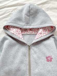 SHEIN Sparklyn Teen Girl Long Sleeve Fleece Fall Clothes Sweet Cute Cherry Pattern Pink Zip-Up Jacket With Thermal Lining, Warm Sweatshirt For Autumn/Winter - Grey - View 4
